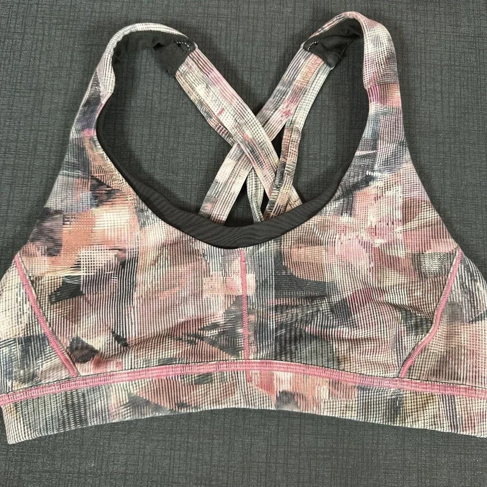 Lululemon Size 6 Sports Bra Womens Pink Gray Abstract‎ Crossback Scoop Neck